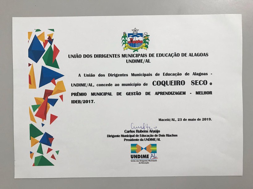 Coqueiro foi um dos 27 municípios que receberam o Prêmio Municipal de Gestão da Aprendizagem